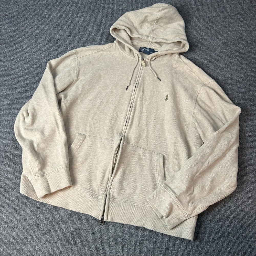 Polo Ralph Lauren Hoodie Mens XL Beige Full Zip Cotton Knit Pony Logo Sweatshirt